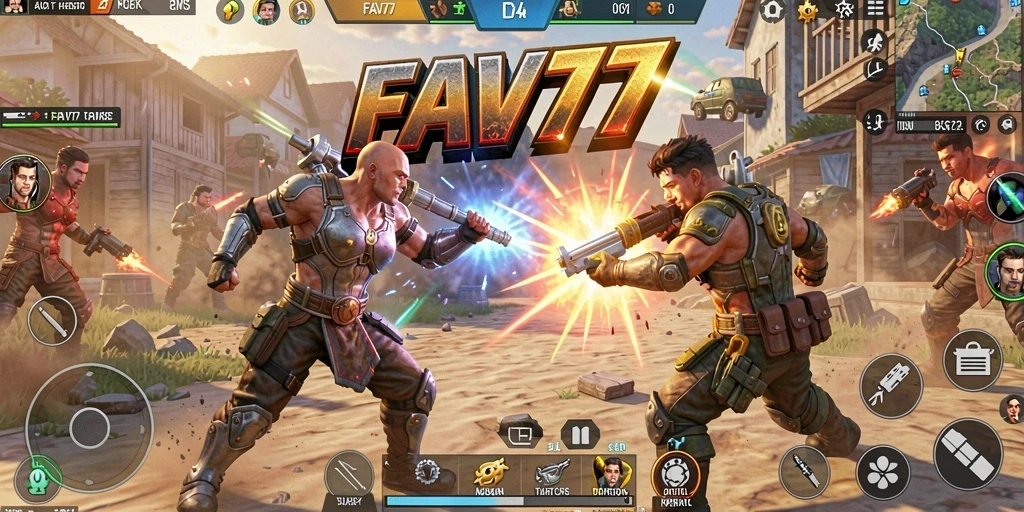 Tangkapan layar menampilkan aksi seru dalam FAV77 Battle Royale.