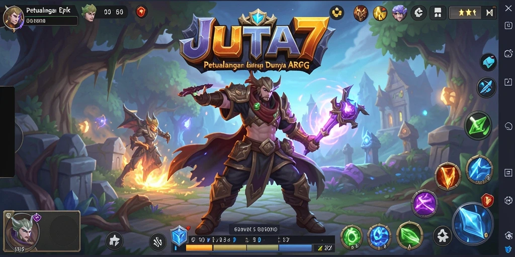 Screenshot utama JUTA7 menampilkan pertempuran seru di dunia fantasi.
