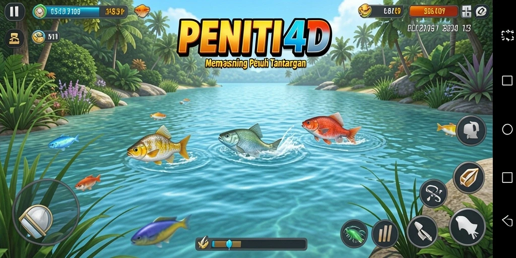 Screenshot gameplay PENITI4D yang menampilkan aksi memancing seru.