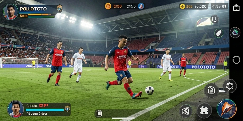 Tampilan gameplay POLOTOTO yang menarik dan mendebarkan saat pertandingan sepak bola.