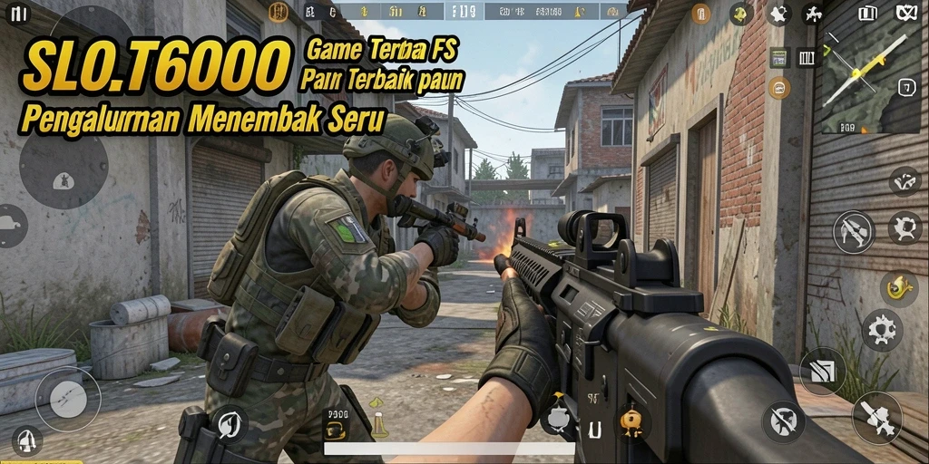 Tangkapan layar gameplay SLOT6000 menampilkan aksi tembak-menembak yang intens.