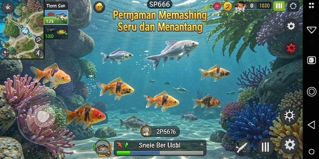 Screenshot utama SP666 menampilkan aksi memancing seru di lokasi yang indah.