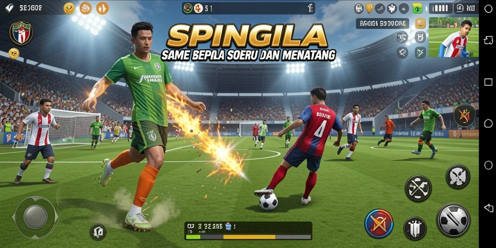 Gameplay SPINGILA menampilkan aksi sepak bola yang mendebarkan.
