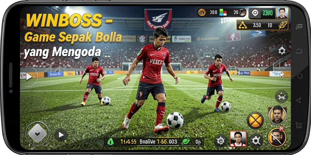 Gameplay WINBOSS yang menarik dengan aksi sepak bola seru.